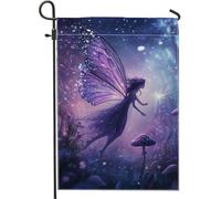 Drapeau de jardin de fées, papillon enchanté violet, décoration extérieure, drapeau floral double face pour décoration de fête de printemps et d'été, décoration magique de pelouse, conception