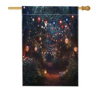 Drapeau de jardin de fête patriotique, lanterne étoilée rouge, blanche et bleue, chemin de forêt, décoration extérieure, bannière rustique double face en toile de jute pour le 4 juillet nuit d'été 71
