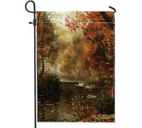 Drapeau de jardin de forêt d'automne et d'automne, feuilles d'oranger et ruisseau, décoration artistique naturelle, double face, toile de jute pour la saison des vacances, 30,5 x 45,7 cm