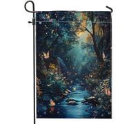 Drapeau de jardin de forêt enchantée fantaisie papillon jungle lac esthétique lune fleur bleu lin pour bienvenue porche cour drapeau décoration pour vacances, pelouse, fête double face ailerons vers