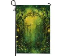 Drapeau de jardin de forêt enchantée papillon oiseau lanterne brumeuse forêt médiévale gothique vert lin pour bienvenue porche cour drapeau décoration pour vacances pelouse fête drapeau double face