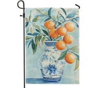 Drapeau de jardin de fruits orange printemps été, vase floral bleu, bannière de jardin, bannière de jardin, drapeau de cour double face en toile de jute, décoration de pelouse extérieure 30,5 x 45,7