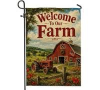 Drapeau de jardin de grange, motif tracteur de campagne rustique, fleurs d'automne rouge en toile de jute double face, drapeaux décoratifs pour extérieur, terrasse, pelouse, porche, balcon, 30,5 x