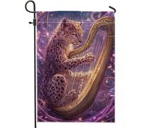 Drapeau de jardin de harpe léopard violette, bannière magique de décoration de musique, drapeau double face pour patio extérieur, décoration de pelouse de fantaisie de rêve, 12 x 18 pouces