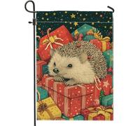 Drapeau de jardin de hérisson de Noël, drapeaux de décoration de porche rouge et vert, drapeau en toile de jute double face extérieur pour vacances d'hiver, signe de Noël en plein air