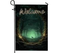 Drapeau de jardin de la forêt de bienvenue, bannière de décoration de chemin boisé vert, bannière de décoration de randonnée, drapeau de pelouse en tissu double face, décoration extérieure, 30,5 x