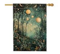 Drapeau de jardin de la forêt mystique, orbes lunaires verts, bannière de cour paysage nocturne magique, bannière de cour, toile de jute double face, décoration de pelouse pour le printemps et l'été