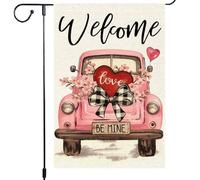 Drapeau de jardin de la Saint-Valentin 30,5 x 45,7 cm en toile de jute double face, camion rose, cœur d'amour et fleurs pour décoration de la maison, décoration extérieure bienvenue