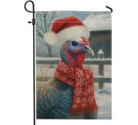 Drapeau de jardin de la Turquie de Thanksgiving, décoration de vacances colorée avec bonnet de Père Noël et écharpe, bannière double face en toile de jute pour décoration de pelouse extérieure, 30,5 x