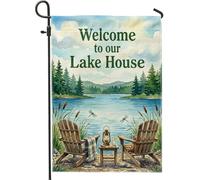 Drapeau de jardin de lac, lanterne rustique en toile de jute verte d'été double face pour extérieur, porche, pelouse, terrasse, 30,5 x 45,7 cm