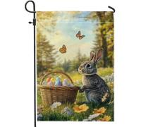Drapeau de jardin de lapin de Pâques, œufs colorés et décoration de printemps de papillon, drapeau en toile de jute double face pour pelouse en plein air pour célébration de vacances, joli