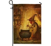 Drapeau de jardin de magicien d'automne et de poulet, chaudron magique marron, bannière de décoration d'intérieur, toile de jute double face, décoration de pelouse pour fête d'Halloween, 30,5 x 45,7