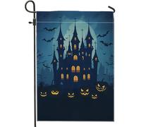 Drapeau de jardin de maison hantée d'Halloween, décoration de chauves-souris de citrouille, château effrayant bleu foncé, drapeau en toile de jute double face pour patio, décoration de pelouse en