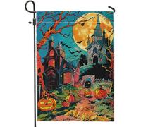 Drapeau de jardin de maison hantée d'Halloween, décoration extérieure, scène effrayante de pleine lune, décoration de patio saisonnière double face, 12 x 18 pouces