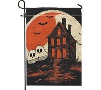 Drapeau de jardin de maison hantée d'Halloween, fantômes et chauves-souris effrayants oranges, décoration extérieure, décoration de patio double face, style gothique, décoration de fête