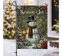 Drapeau de jardin de Noël avec citation bonhomme de neige Season Of Joy | Fleurs poinsettia, drapeau de pelouse, lanterne lumineuse, filigrane doré, rouge-gorge d'hiver, écharpe classique à carreaux