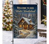Drapeau de jardin de Noël avec citation de cabane Winter Wonderland - 30,5 | Scène de forêt enneigée, drapeau de cour, guirlandes lumineuses chaudes, chemin en pierre, architecture rustique