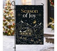 Drapeau de jardin de Noël avec citation de cabine de montagne d'hiver 30,5 | Gold Line Art, drapeau de cour, paysage de forêt d'hiver, silhouette de renne, paysage enneigé, élégant vœux de vacances