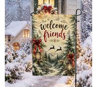 Drapeau de jardin de Noël avec citation de renne d'hiver Welcome Friends | Scène de forêt d'hiver, drapeau de cour, lanternes lumineuses, rubans rouges, typographie accueillante