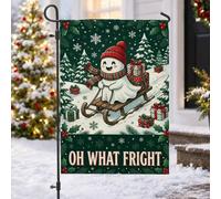 Drapeau de jardin de Noël avec citation humoristique Ghost Holiday Sledding | Thème luge, drapeau de pelouse, fond de forêt d'hiver, accents de houx et de baies, humour de vacances joyeux