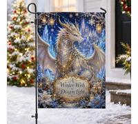 Drapeau de jardin de Noël avec motif dragon 30,5 x 45,7 cm | Scène d'hiver au pays des merveilles, drapeau de pelouse, style artistique fantaisie, accents de lanterne dorée