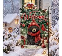 Drapeau de jardin de Noël avec ours de la forêt d'hiver - Noir - 30,5 x | Thème forêt d'hiver, drapeau de pelouse, oiseau cardinal, boîtes cadeaux, branches de pin, verdure de vacances