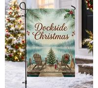 Drapeau de jardin de Noël avec scène de pêche au bord du lac 30,5 x 45,7 cm | Chaises Adirondack, drapeau de pelouse, cannes à pêche, branches de pin, baies de houx, paysage de lac d'hiver