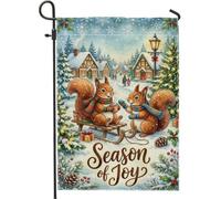 Drapeau de jardin de Noël Motif écureuils d'hiver Saison de joie 30,5 x | Scène de village d'hiver, drapeau de pelouse, animaux de la forêt, décoration de vacances festive, drapeau de cour extérieur