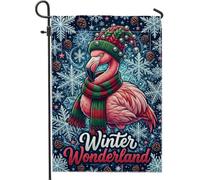 Drapeau de jardin de Noël Oiseau tropical d'hiver 30,5 x 45,7 cm | Thème du pays des merveilles d'hiver, drapeau de cour, bonnet et écharpe tricotés, accents de pommes de pin