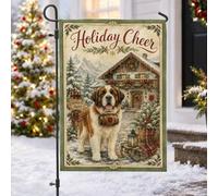 Drapeau de jardin de Noël Scène d'hiver de montagne Saint-Bernard 30,5 x | Scène de chalet de montagne, drapeau de pelouse, toile de fond de montagne enneigée, décoration d'hiver rustique