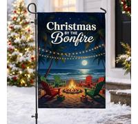 Drapeau de jardin de Noël Tropical Beach Bonfire 30,5 x 45,7 cm | Scène de plage tropicale, drapeau de cour, chaises Adirondack, guirlandes lumineuses, nuit étoilée, thème vacances côtières