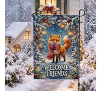 Drapeau de jardin de Noël « Welcome Friends » - 30,5 x 45,7 cm | Écharpe tricotée rouge, drapeau de cour, pins enneigés, lanternes suspendues, baies de houx, thème animal de la forêt
