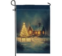 Drapeau de jardin de nuit d'hiver, scène enneigée bleue avec arbre lumineux, bannière de décoration d'intérieur, toile de jute double face, décoration de pelouse extérieure, 30,5 x 45,7 cm