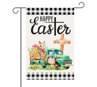 Drapeau de Jardin de Pâques, 45x30cm Plaid Noir et Blanc Décoration de Lapin de Pâques Carotte Fleurs Camion Vert Drapeau de Joyeuses Pâques pour l'Extérieur Cour Maison Porte d'Entrée