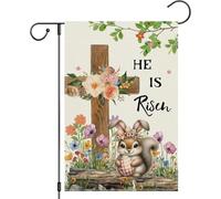 Drapeau de jardin de Pâques avec inscription « He Is Risen » - Double face - Croix religieuse - Lapins et fleurs - Bannière de bienvenue