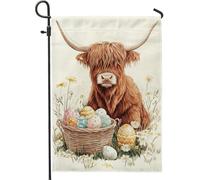 Drapeau de jardin de Pâques en forme de vache Highland, œufs de couleur pastel, décoration extérieure saisonnière, drapeau double face en toile de jute pour décoration de pelouse de vacances, 30,5 x