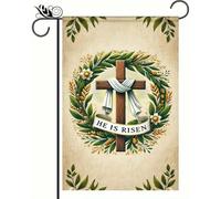Drapeau de jardin de Pâques « He Is Risen » - Motif croix et couronne - Décoration de vacances en plein air