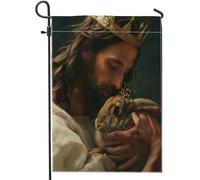 Drapeau de jardin de Pâques Jésus Christ lapin sacré du milieu du siècle animal vintage rustique marron lin vertical taille standard décoration de fête pelouse vacances vacances drapeau de cour double