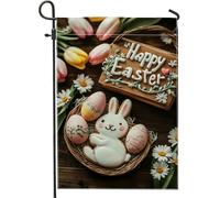 Drapeau de jardin de Pâques, lapin de printemps coloré et œufs, drapeau décoratif double face en toile de jute, décoration de pelouse extérieure 30,5 x 45,7 cm