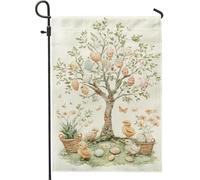 Drapeau de jardin de Pâques, motif d'arbre à œufs de couleur pastel, décoration extérieure en toile de jute double face, poules mignonnes dans une scène florale, décoration saisonnière de pelouse de