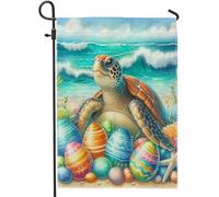 Drapeau de jardin de Pâques - Œuf de tortue côtière amusant - Étoile de mer réaliste - Aquarelle rayée bleu en lin - Grande fête - Décoration murale extérieure et intérieure - Panneau de terrasse