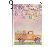 Drapeau de jardin de Pâques, œufs de couleur pastel dans un camion vintage, décoration de pelouse extérieure, vacances de printemps, drapeaux de jardin en tissu double face pour décoration saisonnière