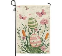 Drapeau de jardin de Pâques, œufs rayés verts, fleurs de pêche, décoration d'intérieur, drapeaux de jardin, drapeau de cour, drapeau de cour en toile de jute pour vacances, décoration de pelouse