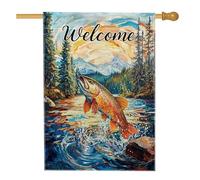 Drapeau de jardin de pêche à la truite, œuvres d'art de scène de la nature, décoration extérieure, bannière en toile de jute de bienvenue d'été, décoration rustique double face pour la maison