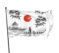 Drapeau de jardin de peinture japonaise 0,9 x 1,5 m Pêcheur et bateau Soleil rouge traditionnel japonais Sumi E Art Drapeaux de jardin en polyester Maison Patio Pelouse Intérieur Extérieur Bannière