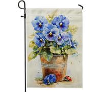 Drapeau de jardin de pensée bleue pour printemps et été, bannière florale vibrante, bannière de cour, décoration de pelouse extérieure double face, motif coccinelle, 30,5 x 45,7 cm