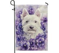 Drapeau de jardin de pensée violette pour printemps et été, œuvre d'art de chien blanc élégant, décoration d'intérieur, drapeau de pelouse double face pour célébration en plein air 30,5 x 45,7 cm
