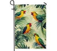 Drapeau de jardin de perroquets tropicaux, décoration vibrante d'oiseaux verts et jaunes pour pelouse extérieure d'été, bannière décorative en toile de jute double face pour la décoration de la maison