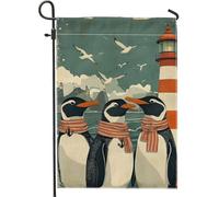 Drapeau de jardin de pingouins côtiers pour printemps et été, phare bleu pour décoration extérieure, bannière de jardin, bannière de jardin, drapeau de cour en toile de jute saisonnière, décoration de