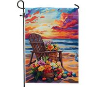 Drapeau de jardin de plage printanier, motif floral coloré, océan, coucher de soleil, décoration extérieure, drapeau de cour double face en toile de jute pour décoration de pelouse de vacances, 30,5 x